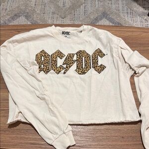 AC/DC Leopard Print Logo Cropped Long Sleeve Tee